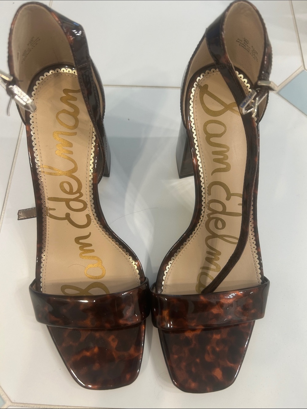 Sam Edelman Tortoiseshell Patent Block Heel Sandals - Brown/Black